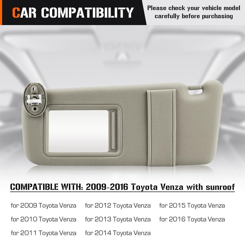 AEagle Left & Right Sun Visor with Light for 2009-2016 Toyota Venza with Sunroof, Driver & Passenger Sides Beige Sunvisor Replacement 74320-0T022-B1, 74310-0T022-B1 - Image 2